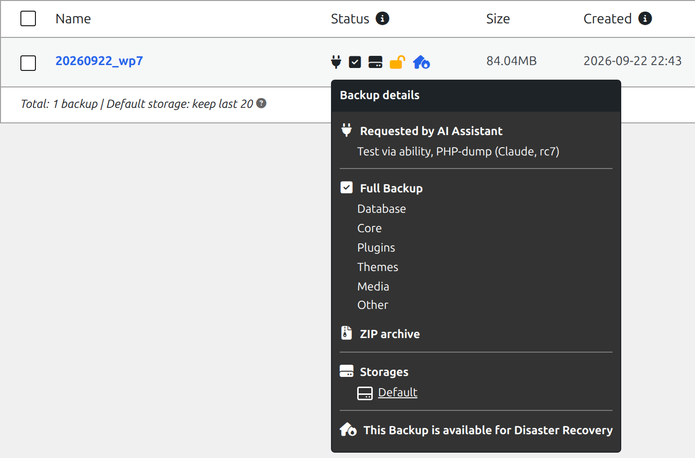 Duplicator backup list with the backup Claude made. The tooltip shows: Requested by AI Assistant, with the reason Test via ability, PHP-dump (Claude, rc7).