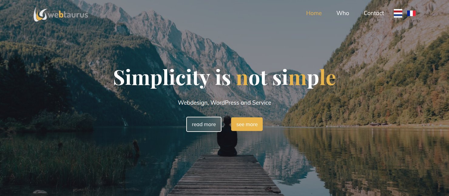 The webtaurus front page in Ollie: a transparent header with a white menu over the mountain photo, the heading Simplicity is not simple with a few gold letters, and the buttons read more and see more.