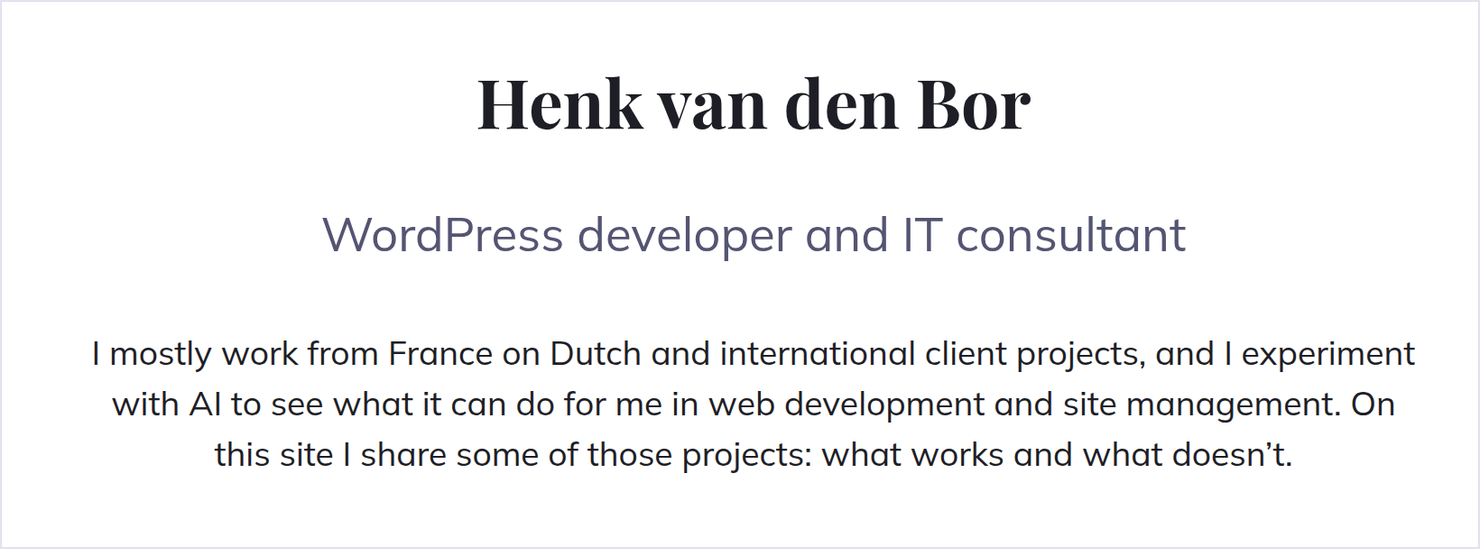 The intro block on the front page: the heading Henk van den Bor in Playfair Display, with text in Mulish below it.